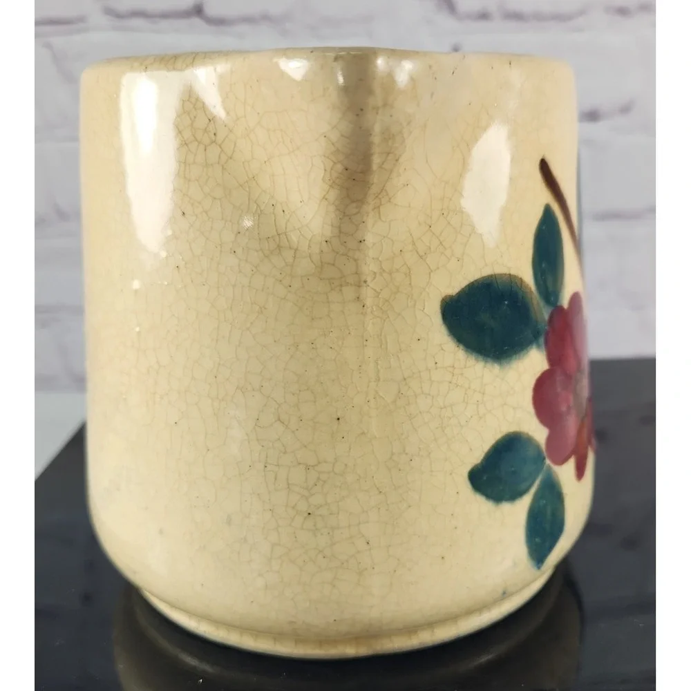 Vintage Yellow Ware Pottery Pitcher with Flowers Farmhouse Rustic Chic